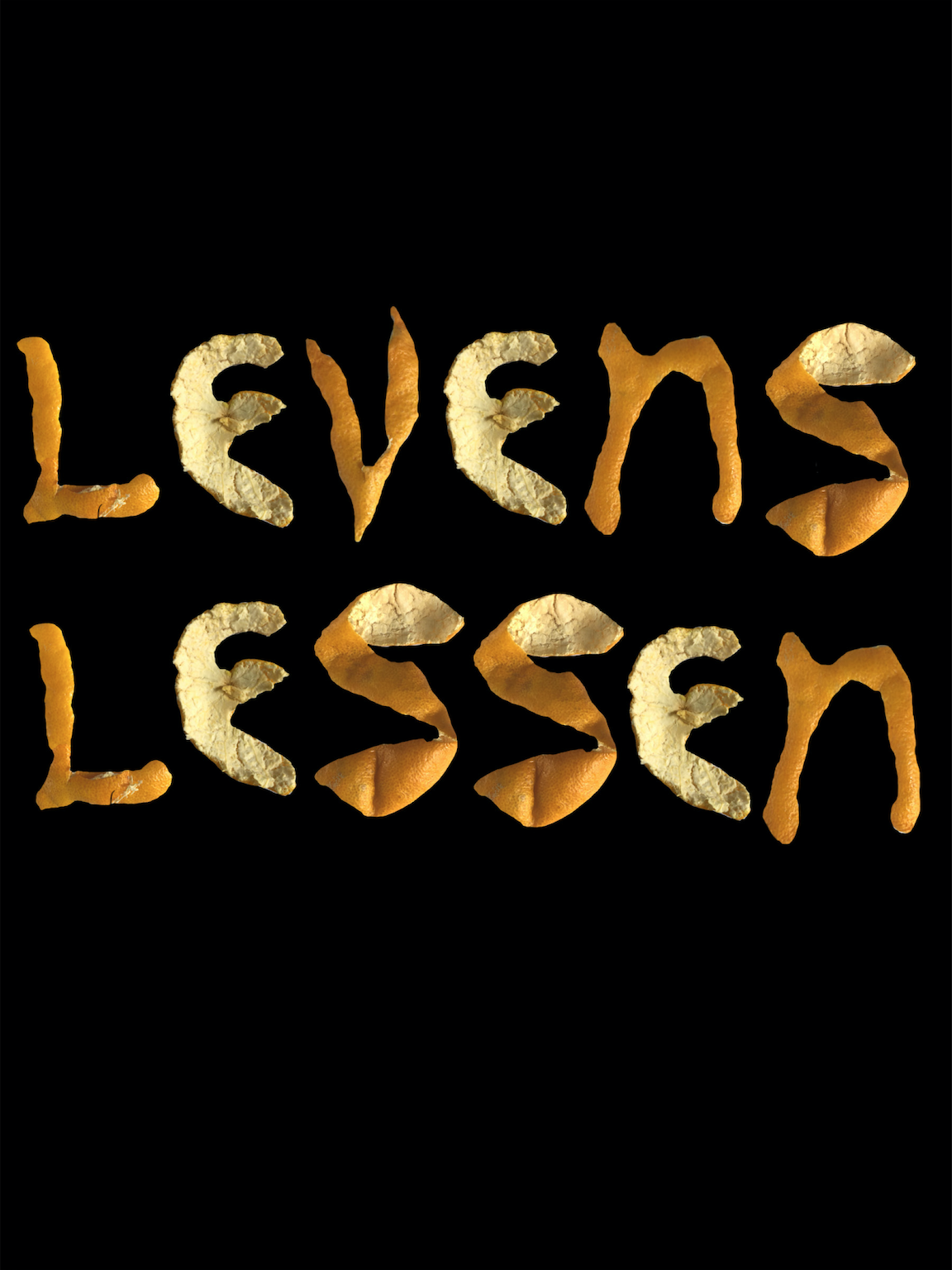 "Levenslessen" / "Life Lessons". Organic letterforms, made from leftover mandarin peels. The shapes of the letters are used in a mural I've made for the exhibition "Het Broeikaseffect" or "The Greenhouse Effect". 2020.